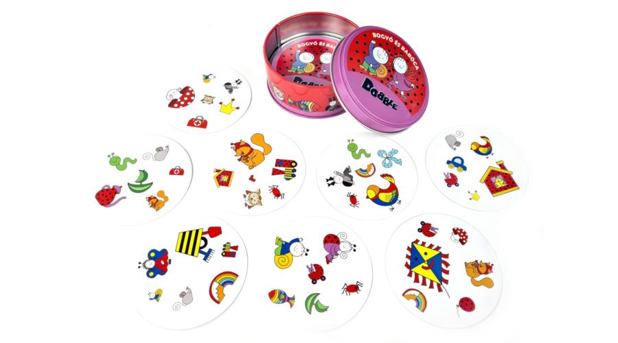 Dobble Bogyó és Babóca társasjáték doboz – színes kártyák