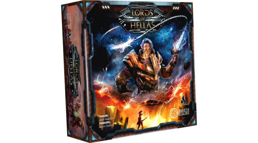 Lords of Hellas társasjáték doboza – futurisztikus görög mitológiai stratégia