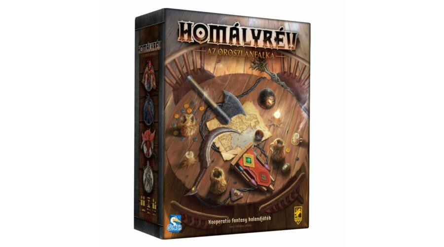 Homályrév – Az Oroszlánfalka társasjáték doboz és játékelemek