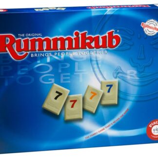 Rummikub társasjáték doboza – klasszikus táblás römi 2–4 játékosnak, számos lapkákkal és játéktartóval