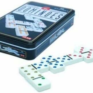 Dominó készlet, dupla 6-os, színes pöttyökkel, fém dobozban -695101