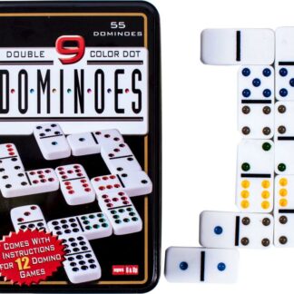 Dominó készlet, 55 darabos, dupla 12-es, színes pöttyökkel, fém dobozban