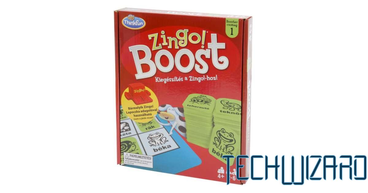 Zingo Boost kiegészítő doboza, színes kártyákkal és játékelemekkel