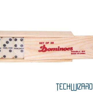 Műanyag dominó fa dobozban, 28 darabos, 48x24mm