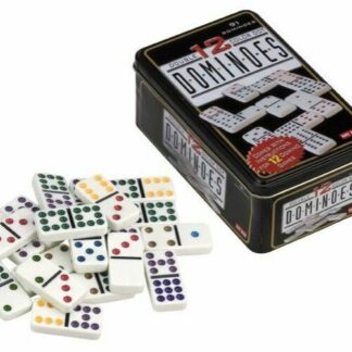 Dominó készlet, 91 darabos, dupla 12-es, színes pöttyökkel, fém dobozban