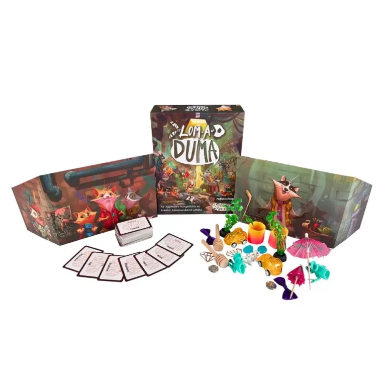 Lom-A-Duma (Trash Talk) társasjáték doboza, játékelemei