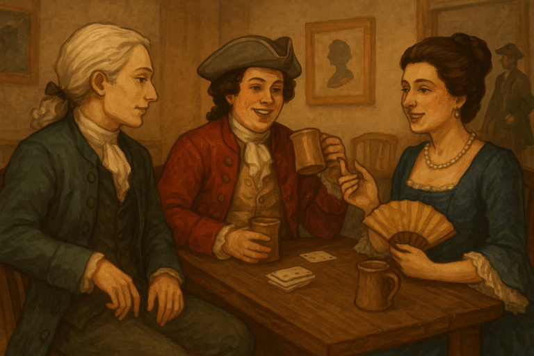 Három 18. századi ruhába öltözött ember beszélget egy meleg hangulatú londoni tavernában, miközben egy titokzatos alak figyeli őket a háttérből