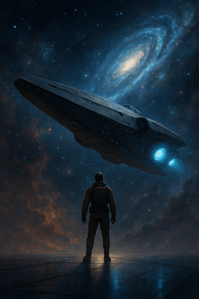 Űrhajós alak figyeli a fölötte lebegő űrhajót egy galaxis fényében, sci-fi hangulatú, kozmikus háttérrel és futurisztikus díszletekkel