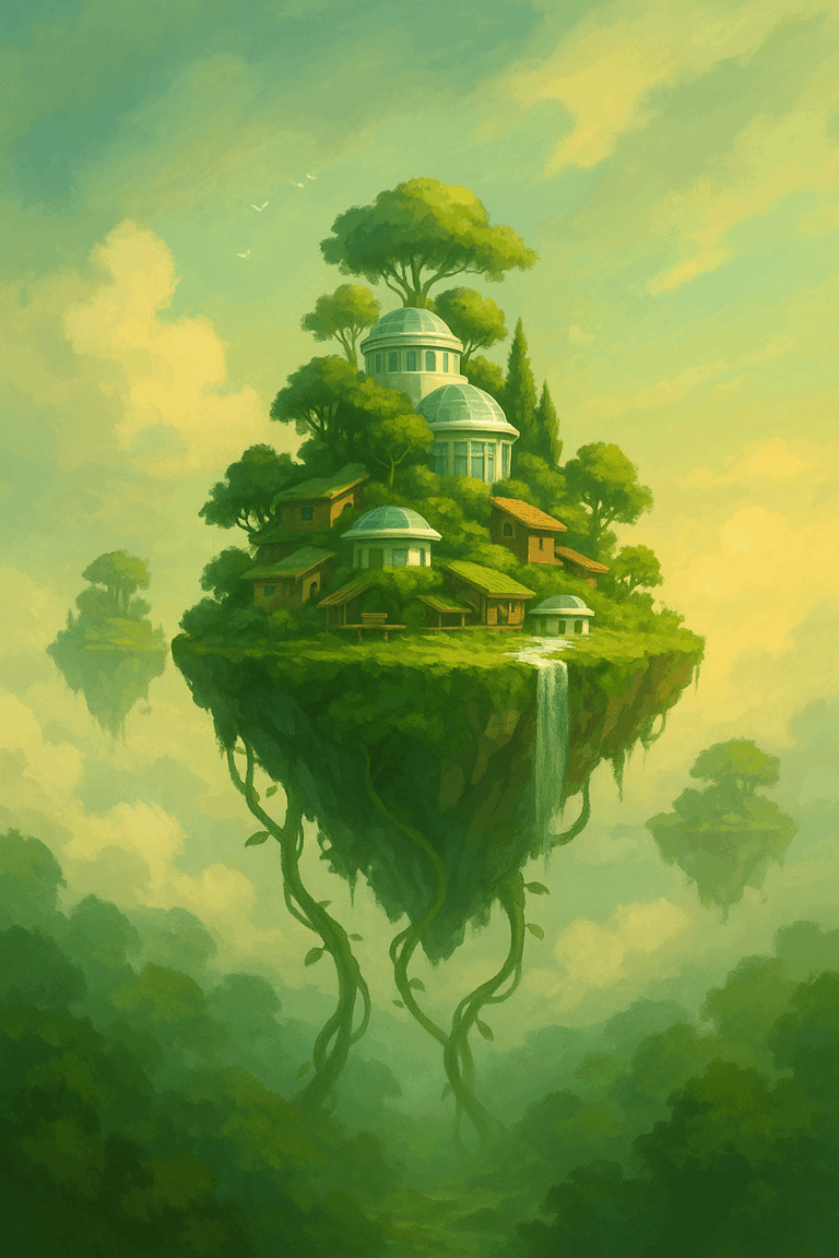 Lebegő sziget városa üvegdómokkal és zöld növényzettel borítva, ködfelhők fölött, napfényes, fenntartható jövőt idéző hangulattal