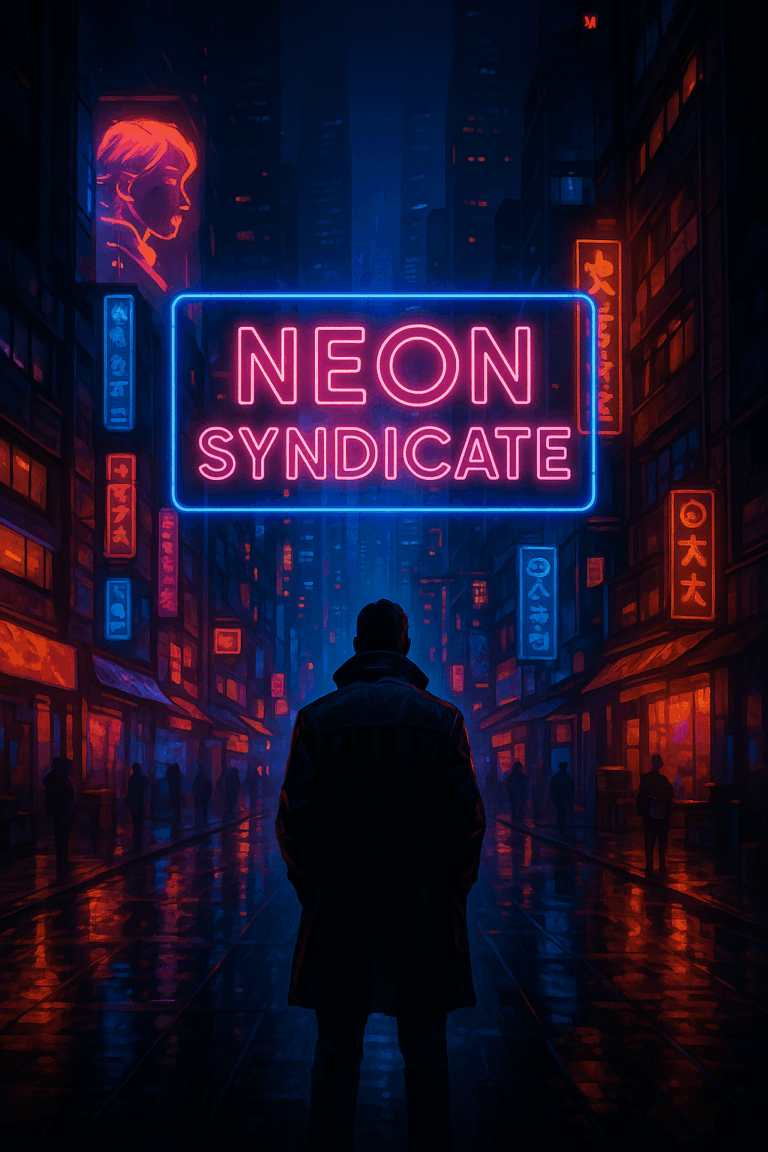 Cyberpunk hangulatú városi utca neonfényben, egy magányos alak áll a háttal esőáztatta sikátorban, futurisztikus reklámok és toronyépületek között