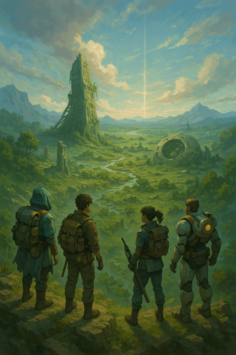 Négy kalandozó egy posztapokaliptikus tájat figyel egy magaslatról, elhagyatott technikai romokkal és buja növényzettel körülvéve