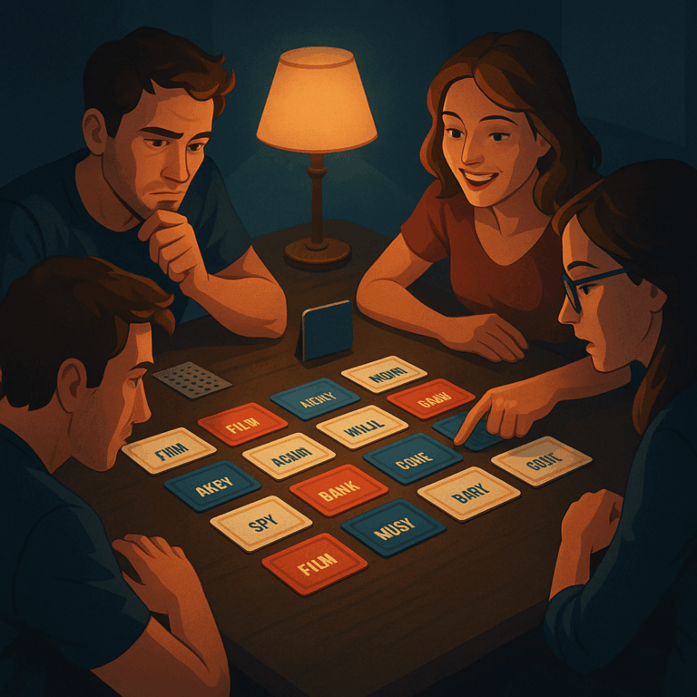 Négy játékos ül egy sötétített szobában, asztalon Codenames-jellegű szókártyákkal, meleg lámpafényben, koncentrált hangulatban társasozva