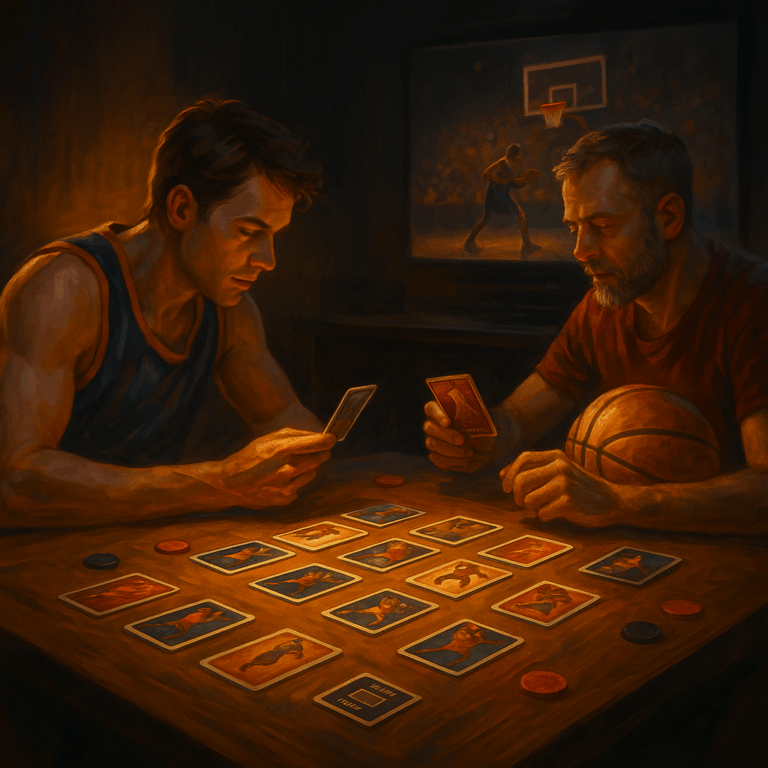 Két játékos kosárlabda-tematikájú kártyajátékot játszik egy sötétített szobában, háttérben sportközvetítéssel, meleg hangulatvilágítás mellett