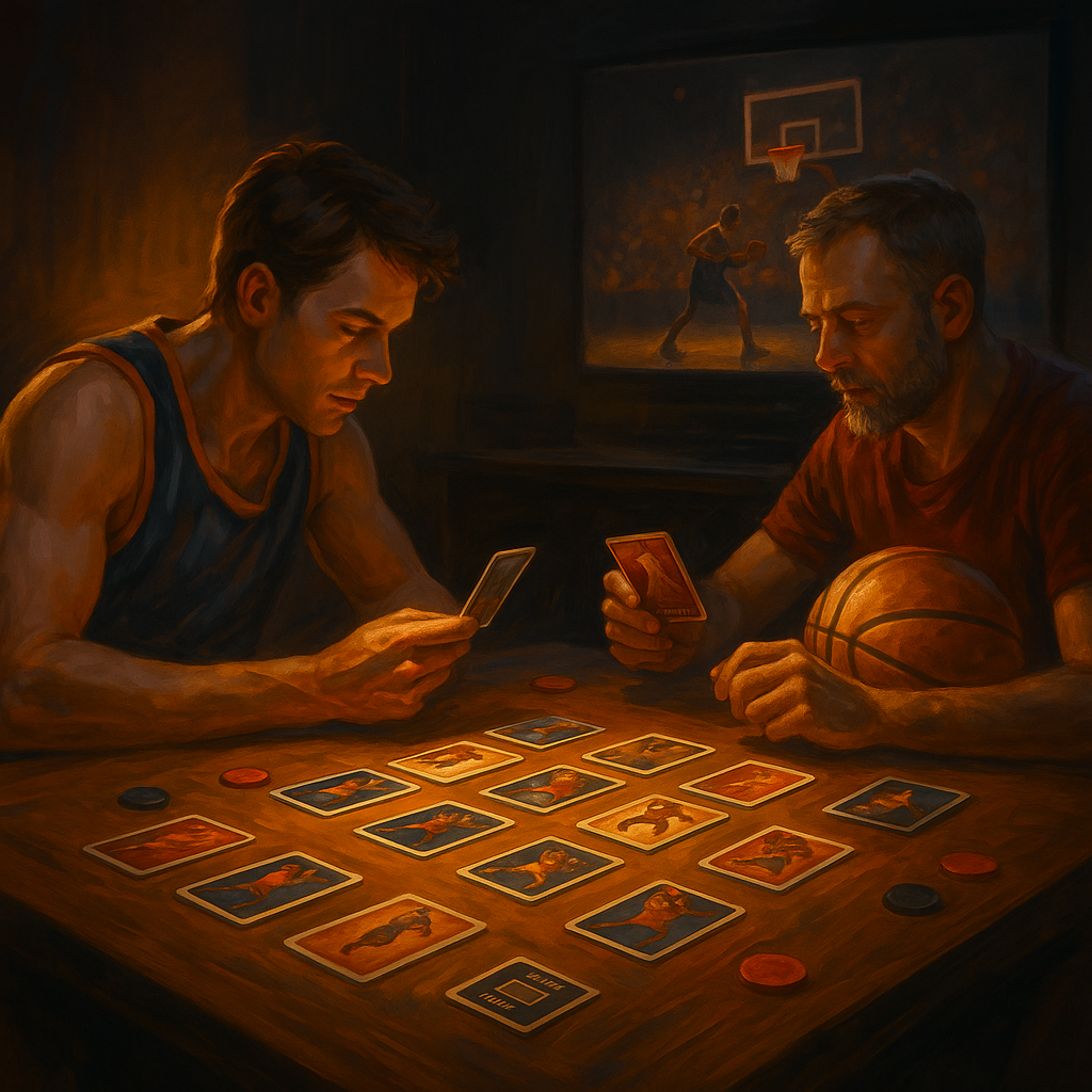 Két játékos kosárlabda-tematikájú kártyajátékot játszik egy sötétített szobában, háttérben sportközvetítéssel, meleg hangulatvilágítás mellett
