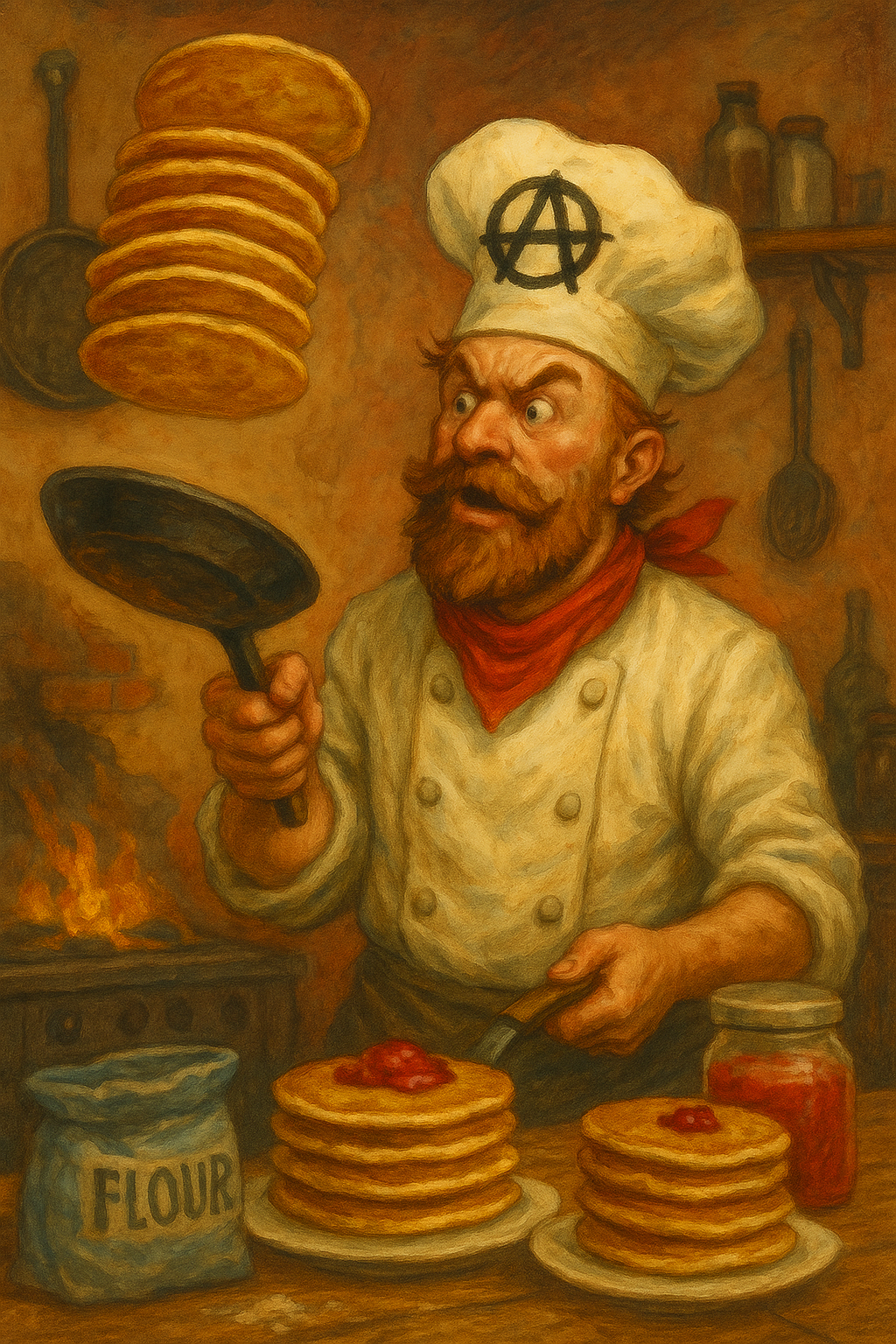 Anarchista palacsinta – egy lázadó szakács forradalmi hangulatban palacsintát süt a káosz közepén, szatirikus partijáték hangulatával.
