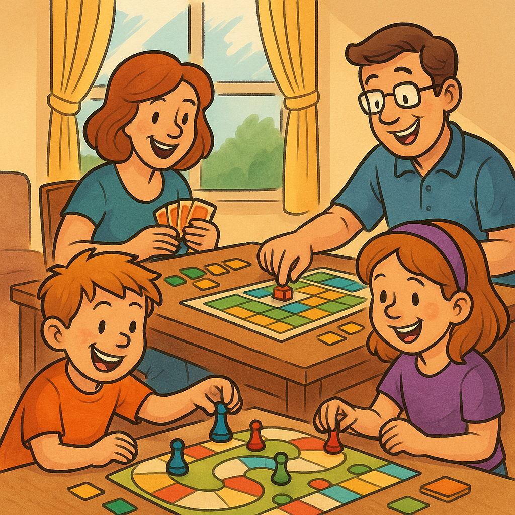 Családi társasjáték napok – vidám család gyerekekkel társasjáték közben, meleg színek, napfényes otthonos környezetben.