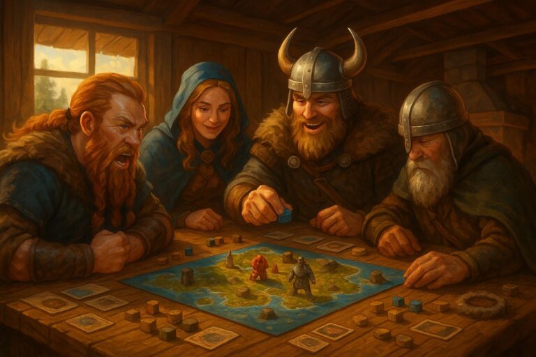 Viking kalandorok egy misztikus, ködös erdei tájon, pajzzsal és baltával a kezükben – Valheim hangulatú társasjáték illusztráció.