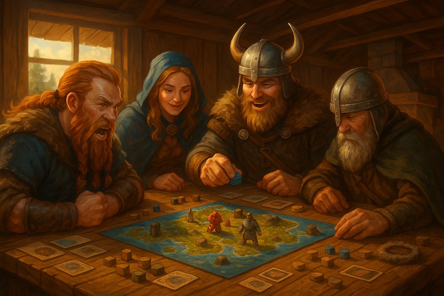 Viking kalandorok egy misztikus, ködös erdei tájon, pajzzsal és baltával a kezükben – Valheim hangulatú társasjáték illusztráció.