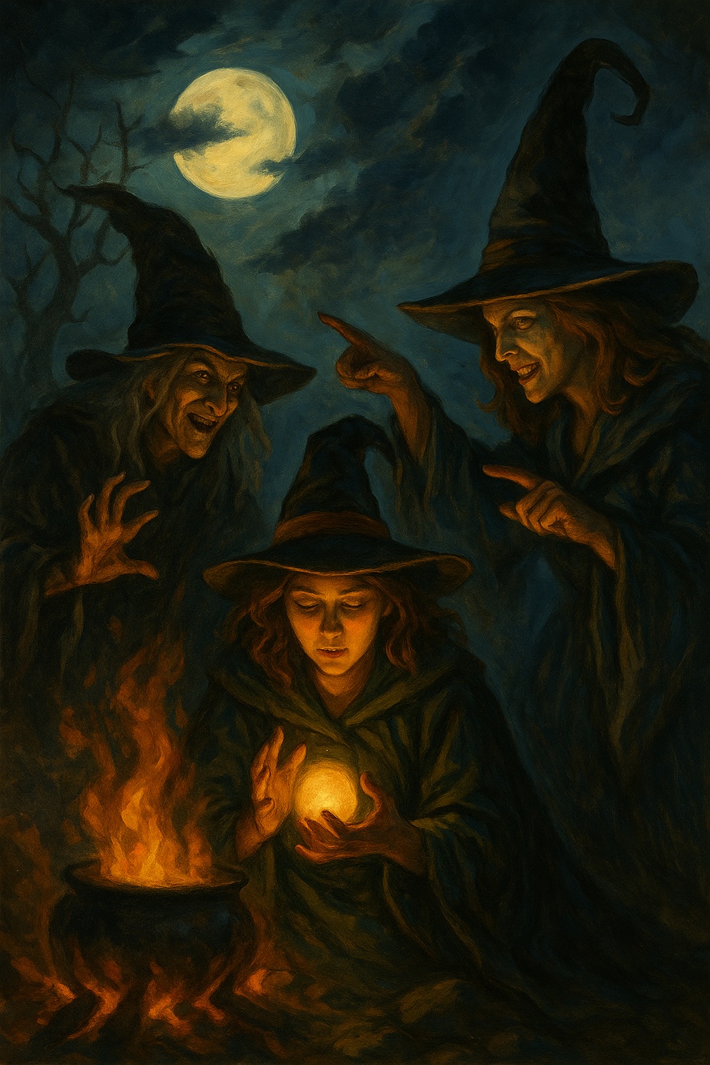 Boszorkányok mágikus gyűlése egy sötét erdőben telihold alatt – Curses & Covens társasjáték hangulatkép