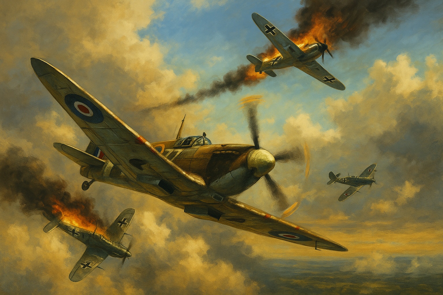 Második világháborús légiharc Spitfire és Messerschmitt gépekkel – Fighters of Europe társasjáték hangulatkép