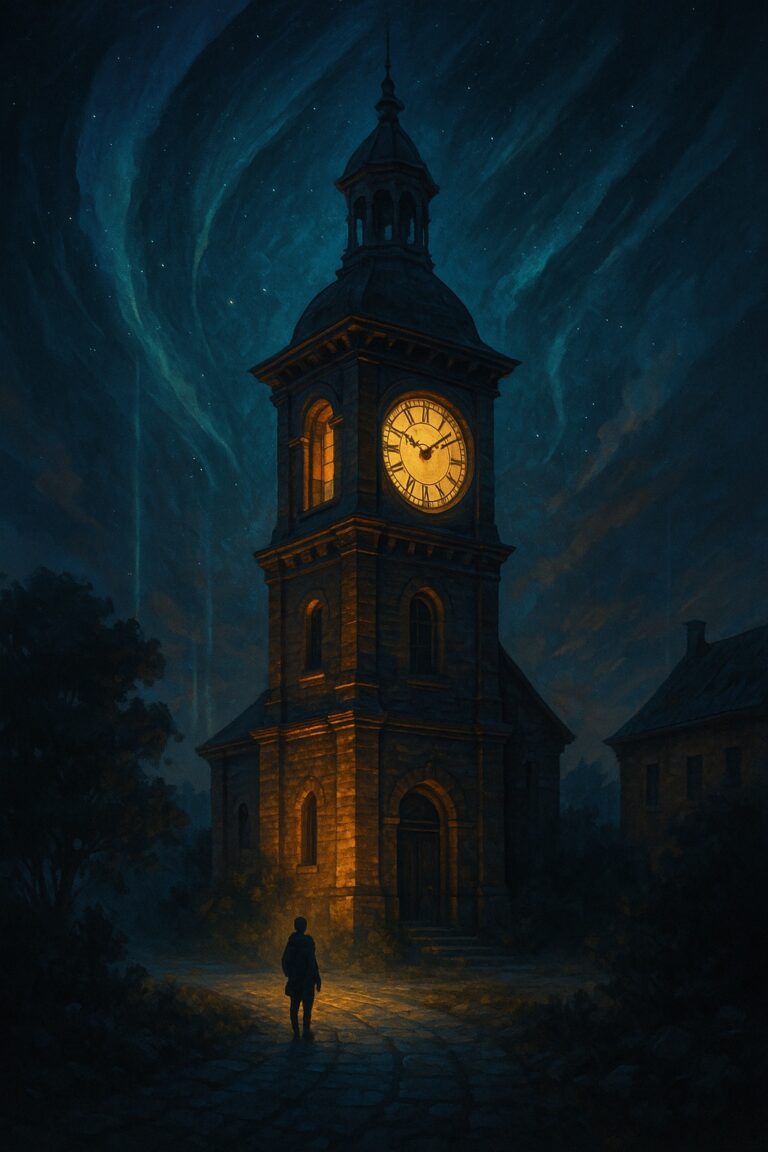 Éjszakai templom kivilágított órával, előtte magányos alak sétál a kőúton – Echoes of Time társasjáték hangulatkép