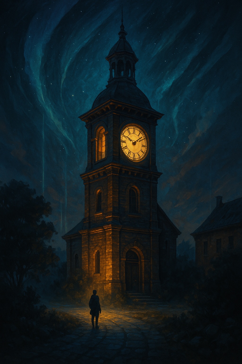 Éjszakai templom kivilágított órával, előtte magányos alak sétál a kőúton – Echoes of Time társasjáték hangulatkép