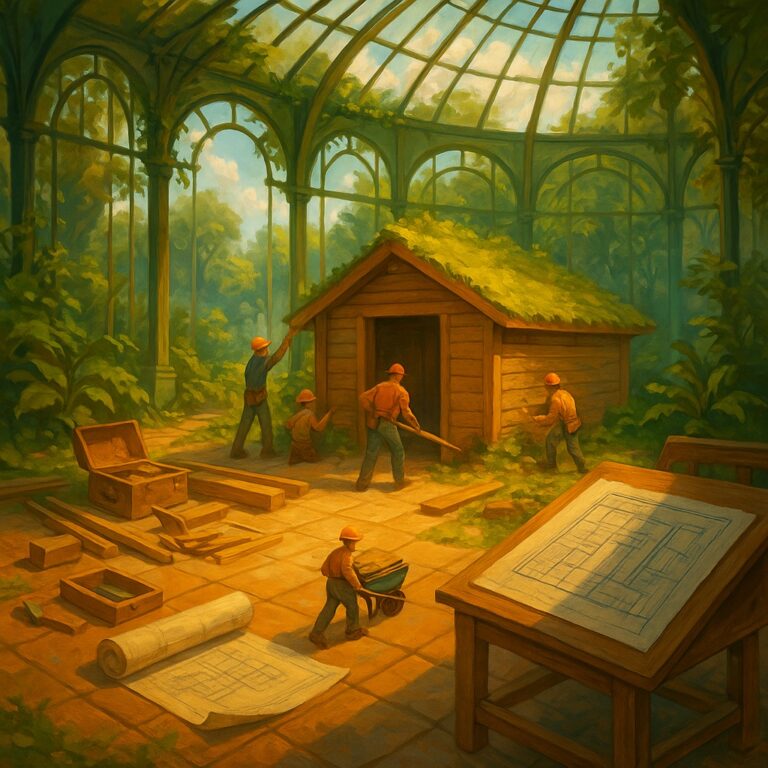 Modern állatmenhely természetes környezetben, napsütéses tájjal – Ark Nova: Menedék társasjáték hangulatkép