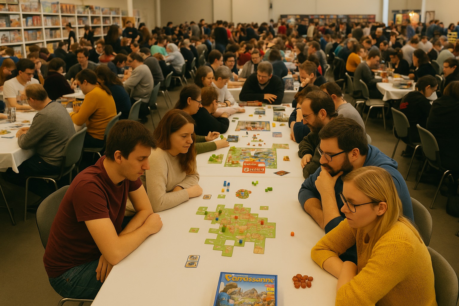 Társasjátékok Ünnepe 2025 – játékosok Carcassonne társasjátékkal egy budapesti rendezvényen