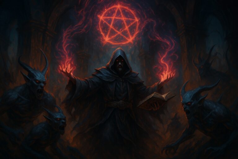 Sötét fantasy világban lebegő varázskövek és mágus alakja – Malediction társasjáték hangulatkép