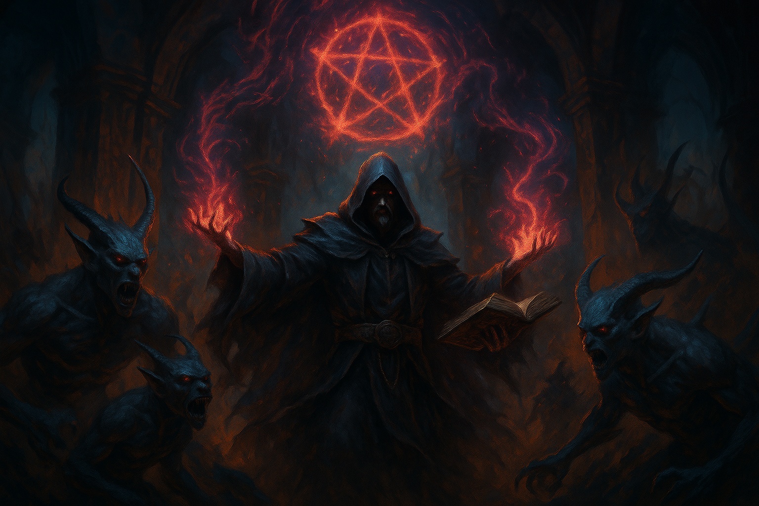 Sötét fantasy világban lebegő varázskövek és mágus alakja – Malediction társasjáték hangulatkép