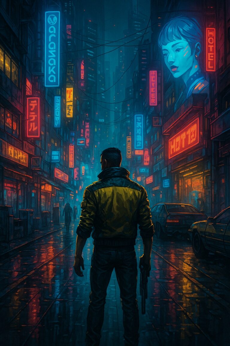 Cyberpunk város esti fényeiben sétáló alak neonreklámokkal körülvéve – Cyberpunk 2077 társasjáték hangulatkép