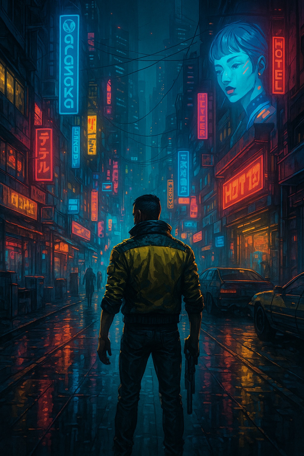 Cyberpunk város esti fényeiben sétáló alak neonreklámokkal körülvéve – Cyberpunk 2077 társasjáték hangulatkép