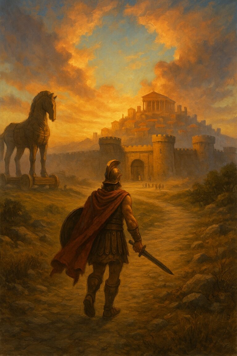 Ókori csatatéren harcoló hősök, trójai fal háttérrel – Iliad társasjáték hangulatkép